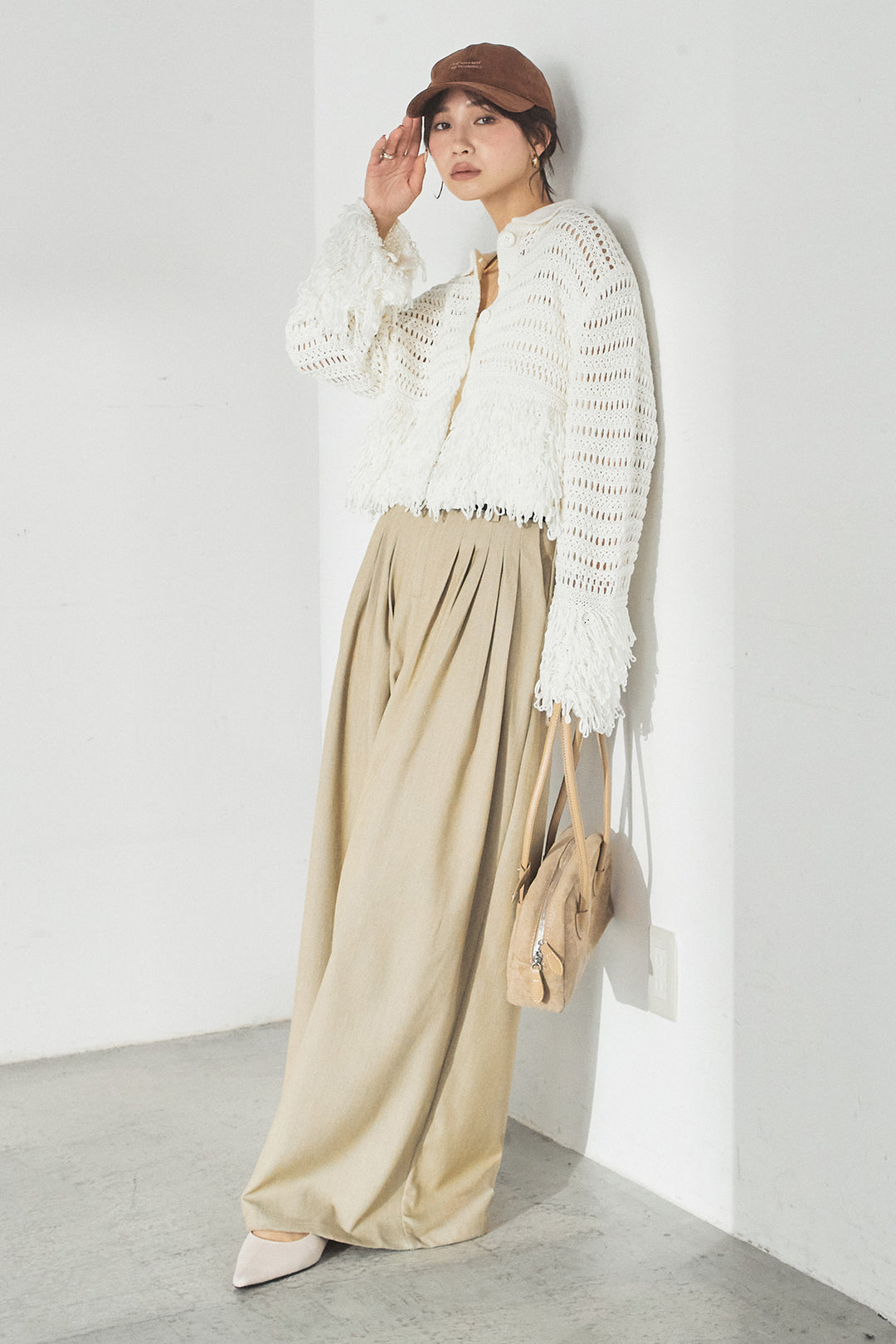 [SET]メッシュフリンジカーディガン+編みベルト付きウエストタックワイドパンツ(2set)