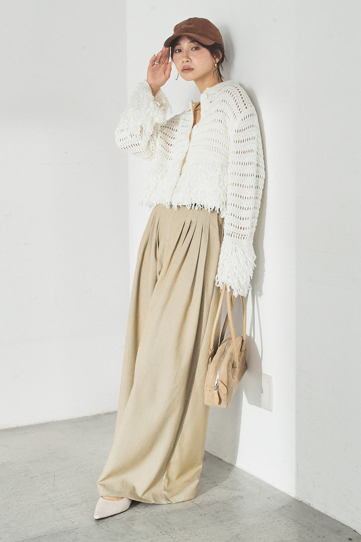 [SET]メッシュフリンジカーディガン+編みベルト付きウエストタックワイドパンツ(2set)