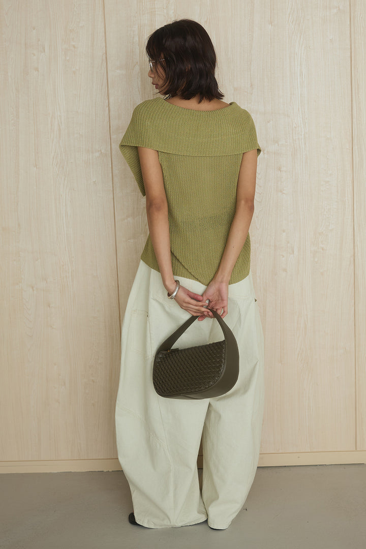 [SET]ビッグカラーボタンニットトップス+ベルト付きカラーデニムパンツ(2set)