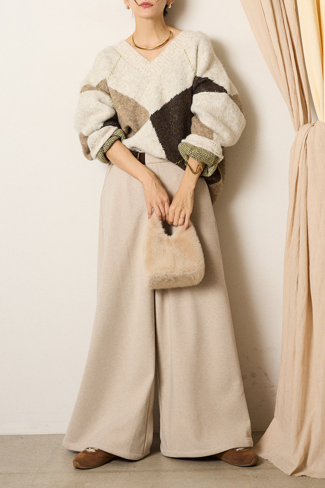 [SET]ルーズアーガイルVネックニット+サイドベルトパンツ(2set)