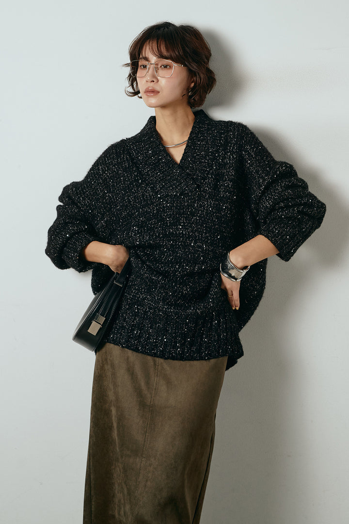 [SET]Vネックラメニットトップス+スウェードライク裾フリンジスカート(2set)