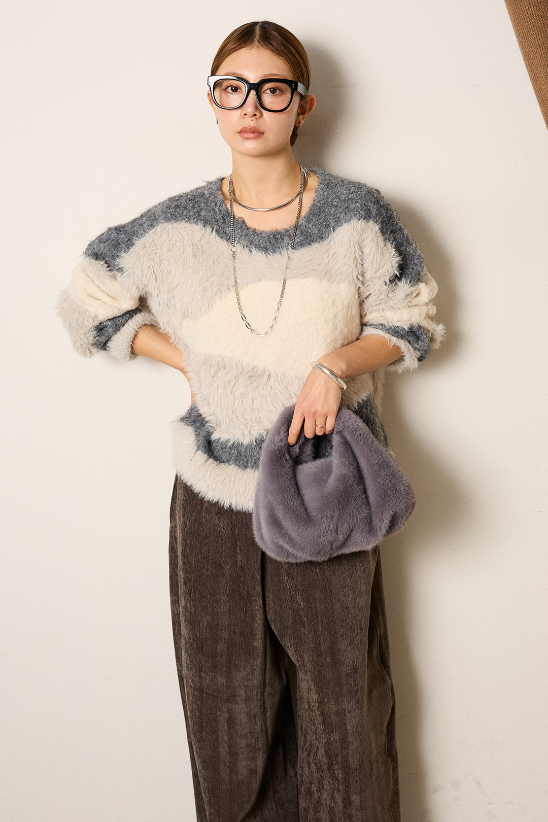 [SET]シャギーウェーブ柄クルーネックニットトップス+かすれデザインワイドパンツ(2set)