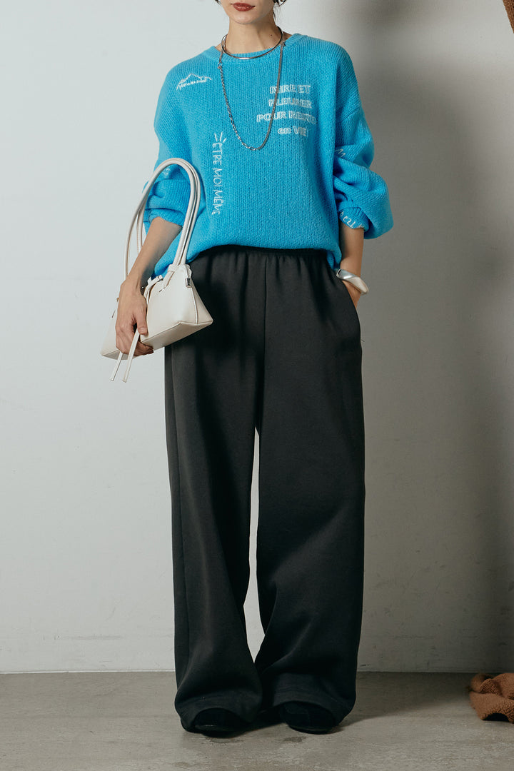 [SET]刺繍ロゴランダムデザインニットトップス+裏起毛スウェットワイドパンツ(2set)