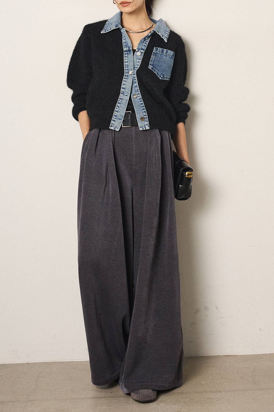[SET]襟付きデニム切替ニットカーディガン+ベルトループコーデュロイワイドパンツ(2set)