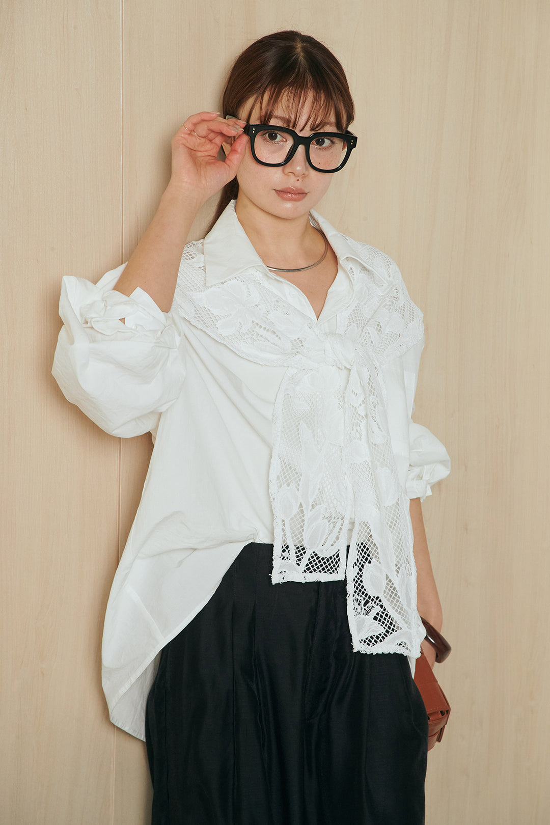 [SET]フラワー柄スカーフ付きシャツ+ダブルボタンワイドパンツ(2set)