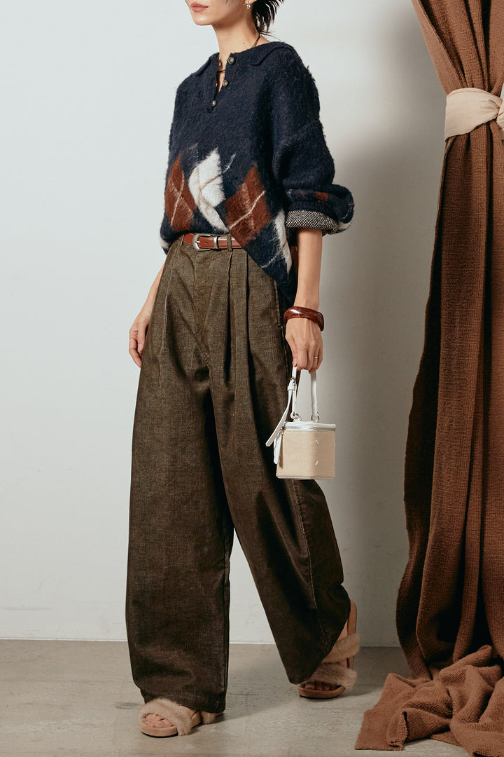 [SET]アーガイル柄ポロニットトップス+フロントタック入りコーデュロイパンツ(2set)