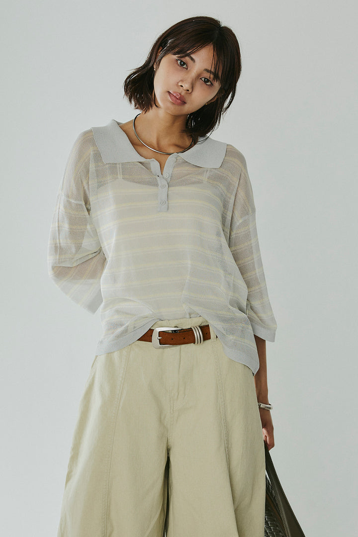 [SET]ボーダーニットポロシャツ+サイドベルトカーブワイドパンツ(2set)