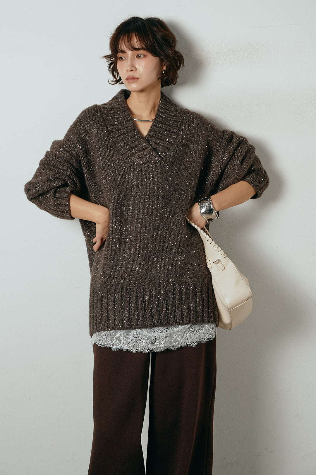 [SET]Vネックラメニットトップス+裏起毛スウェットワイドパンツ(2set)