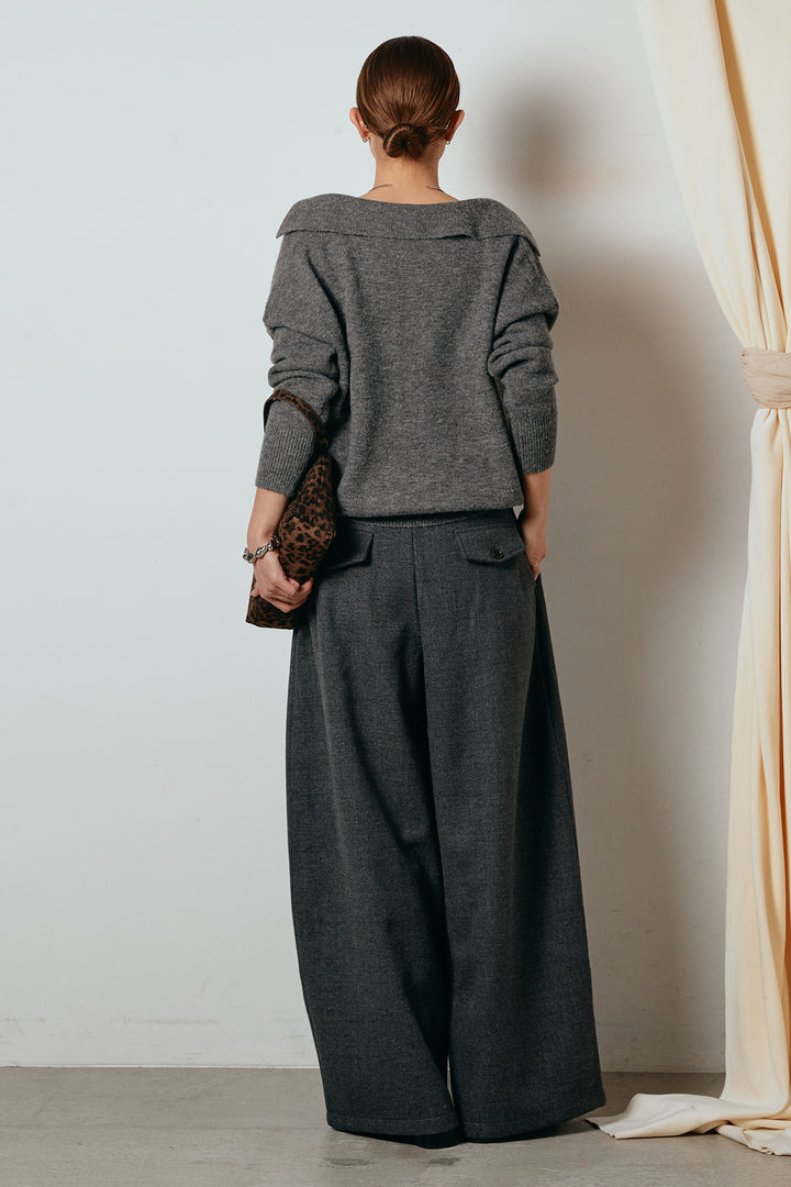 [SET]襟付きレイヤードニットトップス+ポーチベルト付きカーブパンツ(2set)