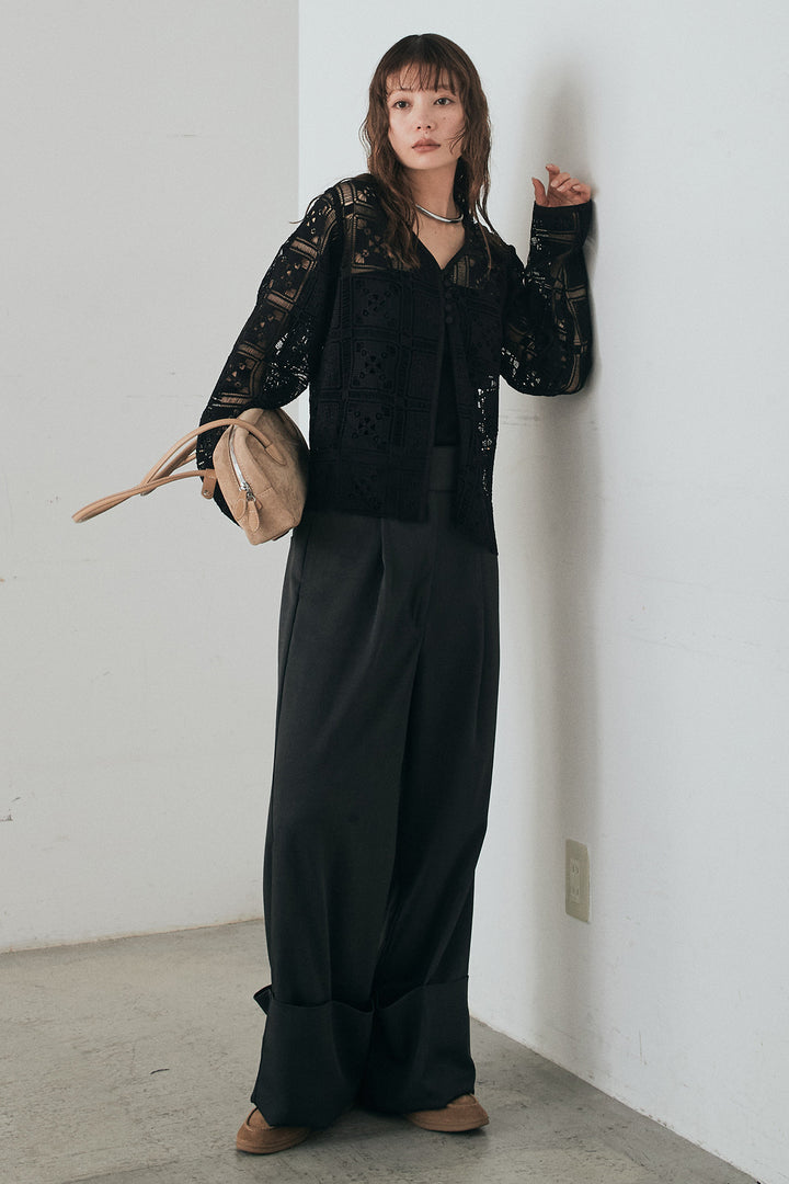 [SET]クロシェレースカーディガン+センタープレスセミワイドパンツ(2set)