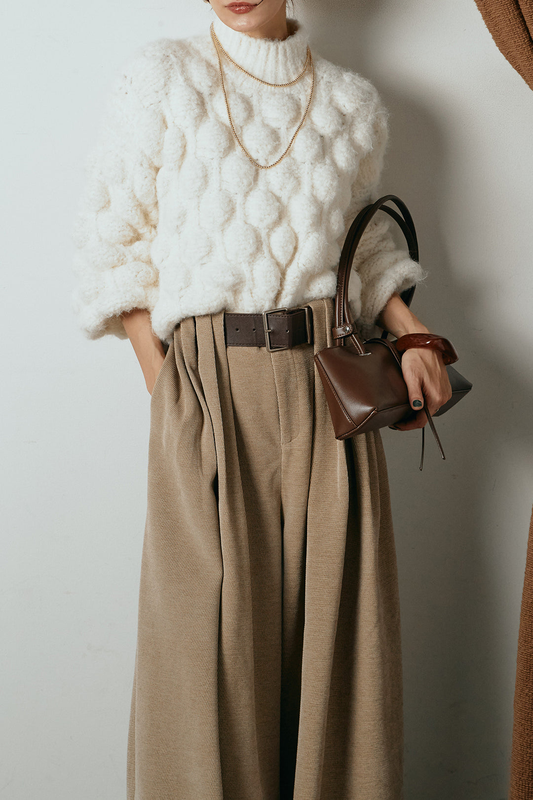 [SET]ボリュームポップコーンニットトップス+ベルトループコーデュロイワイドパンツ(2set)