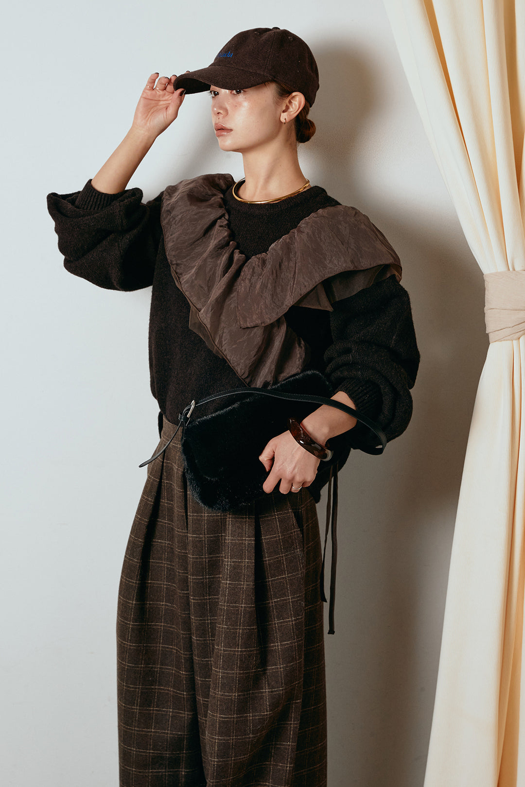 [SET]アシンメトリーフリルニットトップス+ウールライクチェックタックパンツ(2set)
