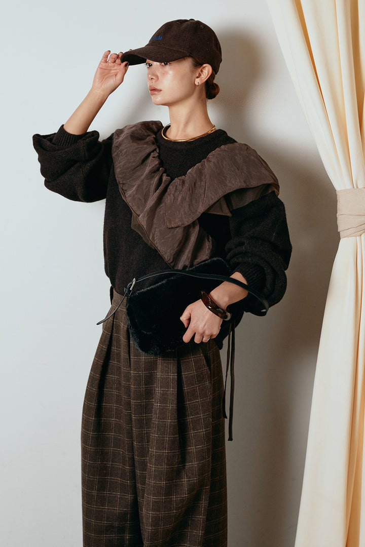 [SET]アシンメトリーフリルニットトップス+ウールライクチェックタックパンツ(2set)