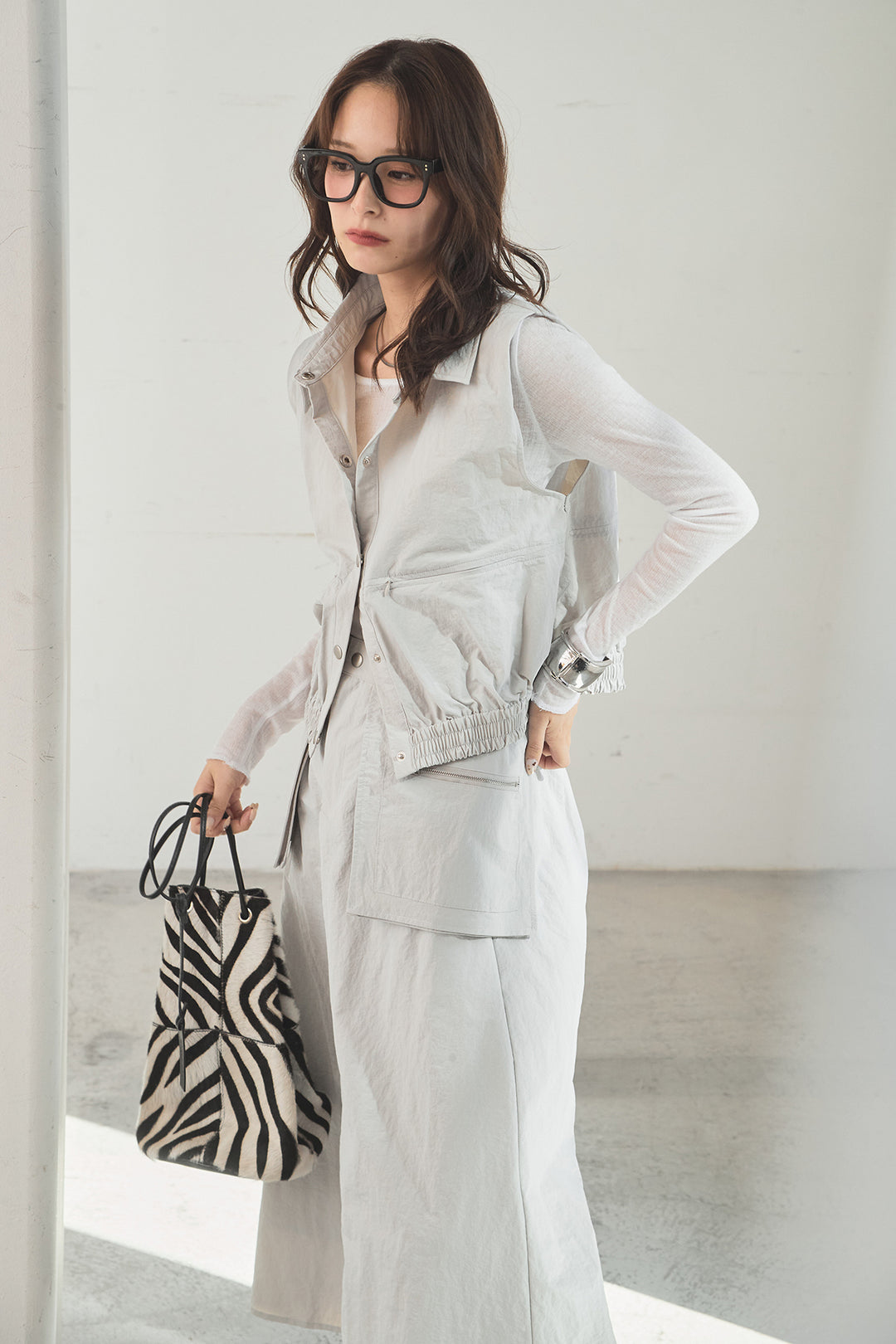 [SET]襟付きナイロンベスト+サイドデザインナイロンスカート(2set)