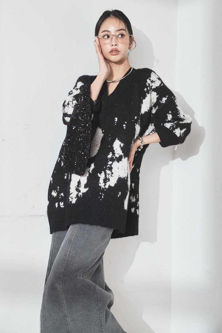 [SET]アブストラクト柄ニットプルオーバー+フロントジップデニムスカート(2set)