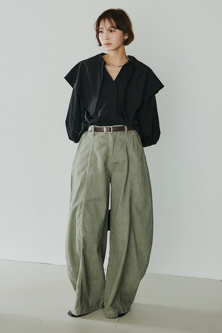 [SET]ケープカラーナイロンブラウス+サイドベルトカーブワイドパンツ(2set)