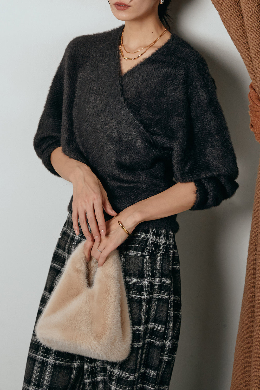 [SET]シャギーカシュクールニットトップス+ルーズタータンチェックワイドパンツ(2set)