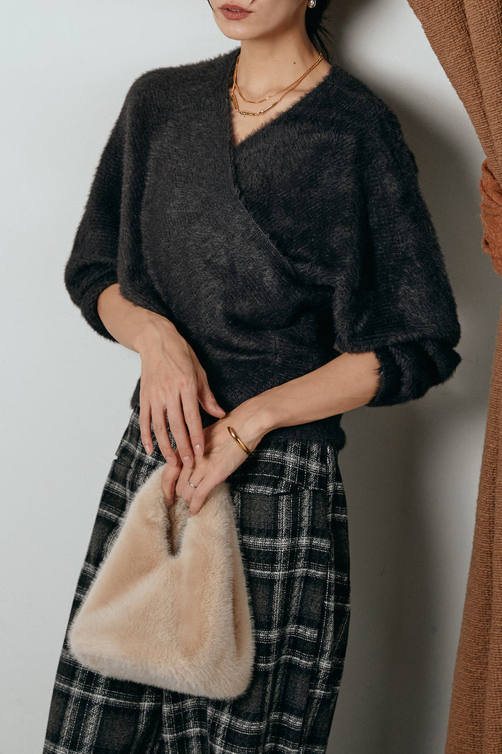 [SET]シャギーカシュクールニットトップス+ルーズタータンチェックワイドパンツ(2set)