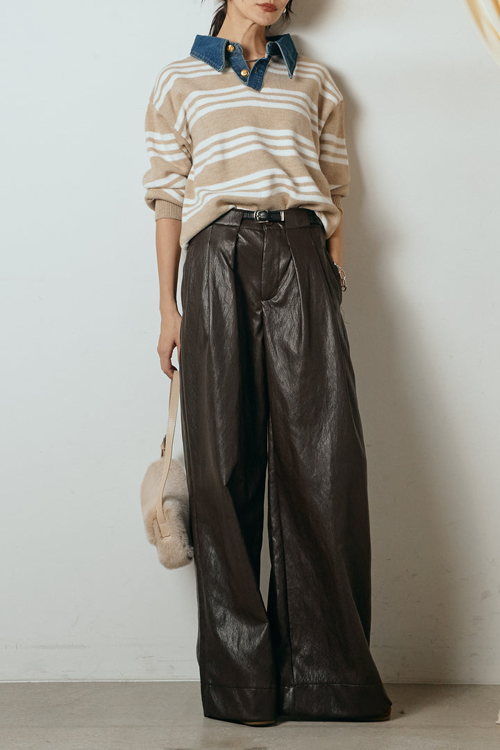 [SET]デニムレイヤード風ランダムボーダーニットプルオーバー+ベルト付きレザーライクタックパンツ(2set)