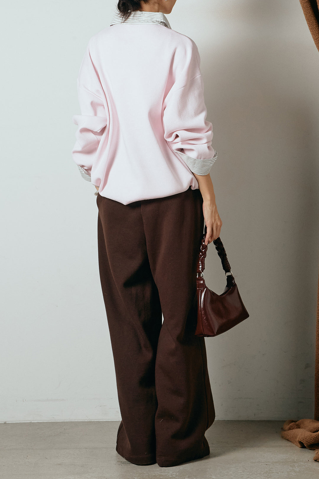 [SET]ストライプシャツドッキングポロトップス+裏起毛スウェットワイドパンツ(2set)