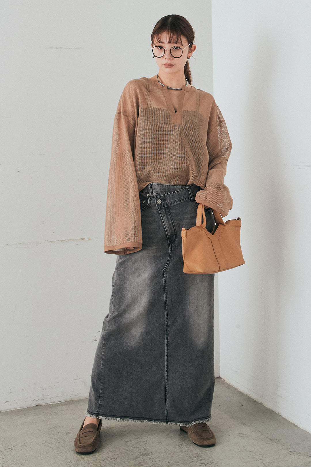 [SET]メッシュカットソースキッパープルオーバー+ウエストクロスデニムタイトスカート(2set)