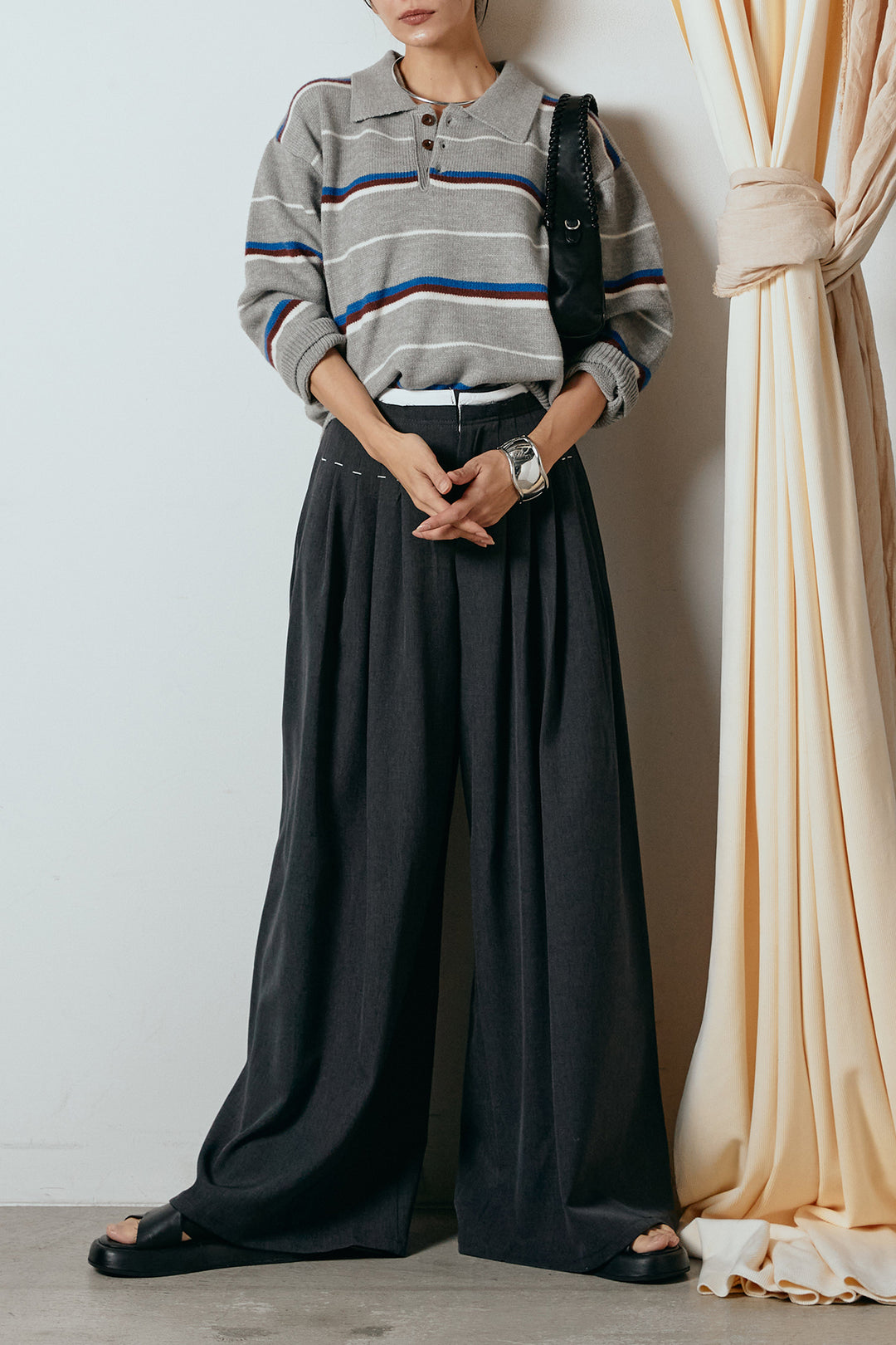 [SET]襟付きマルチボーダーニットポロトップス+ウエストステッチデザインワイドスラックス(2set)
