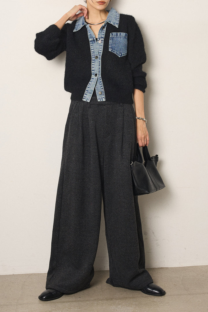 [SET]襟付きデニム切替ニットカーディガン+起毛タック入りツイードワイドパンツ(2set)