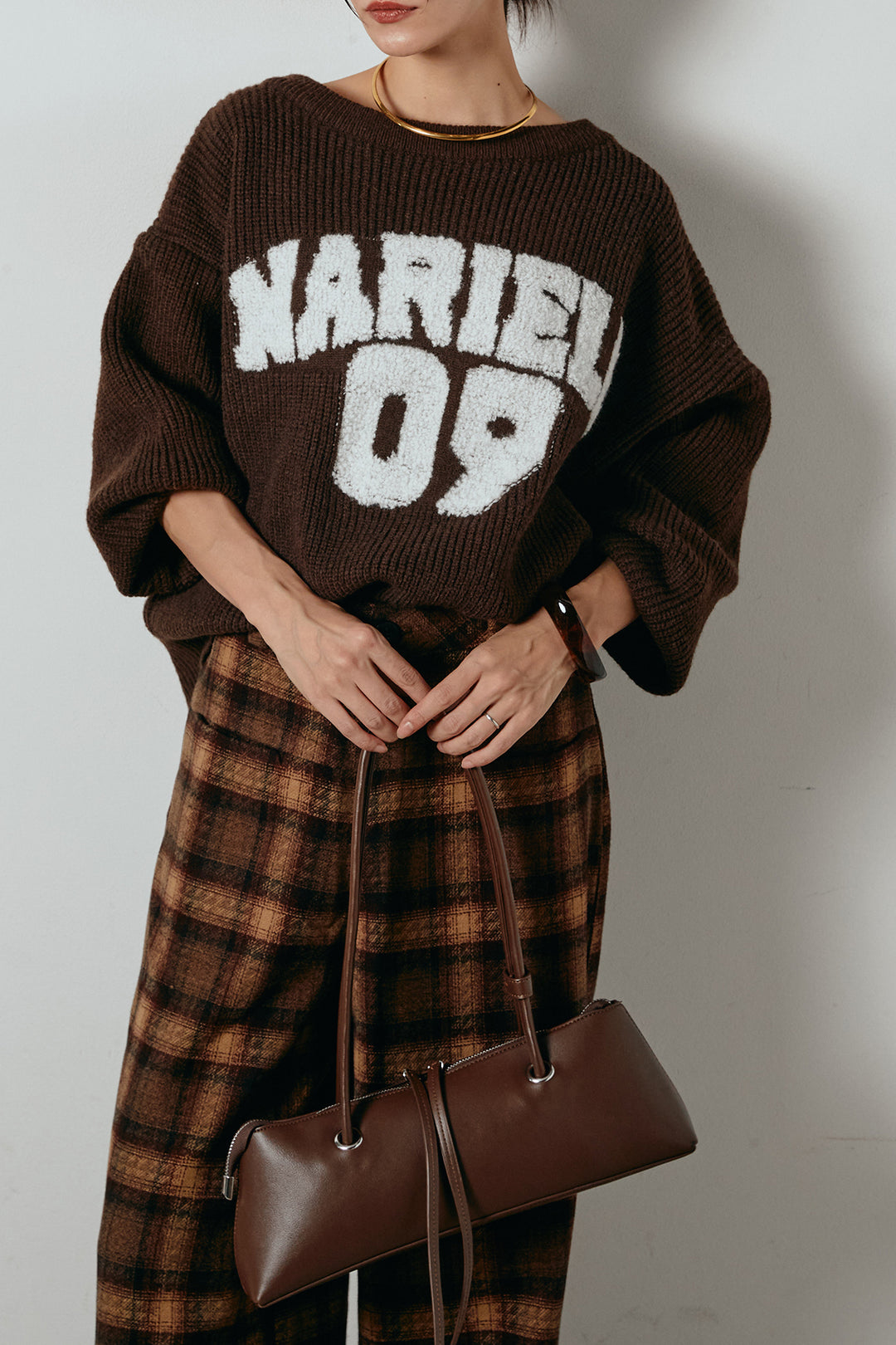 [SET]ロゴジャガードニットトップス+ルーズタータンチェックワイドパンツ(2set)