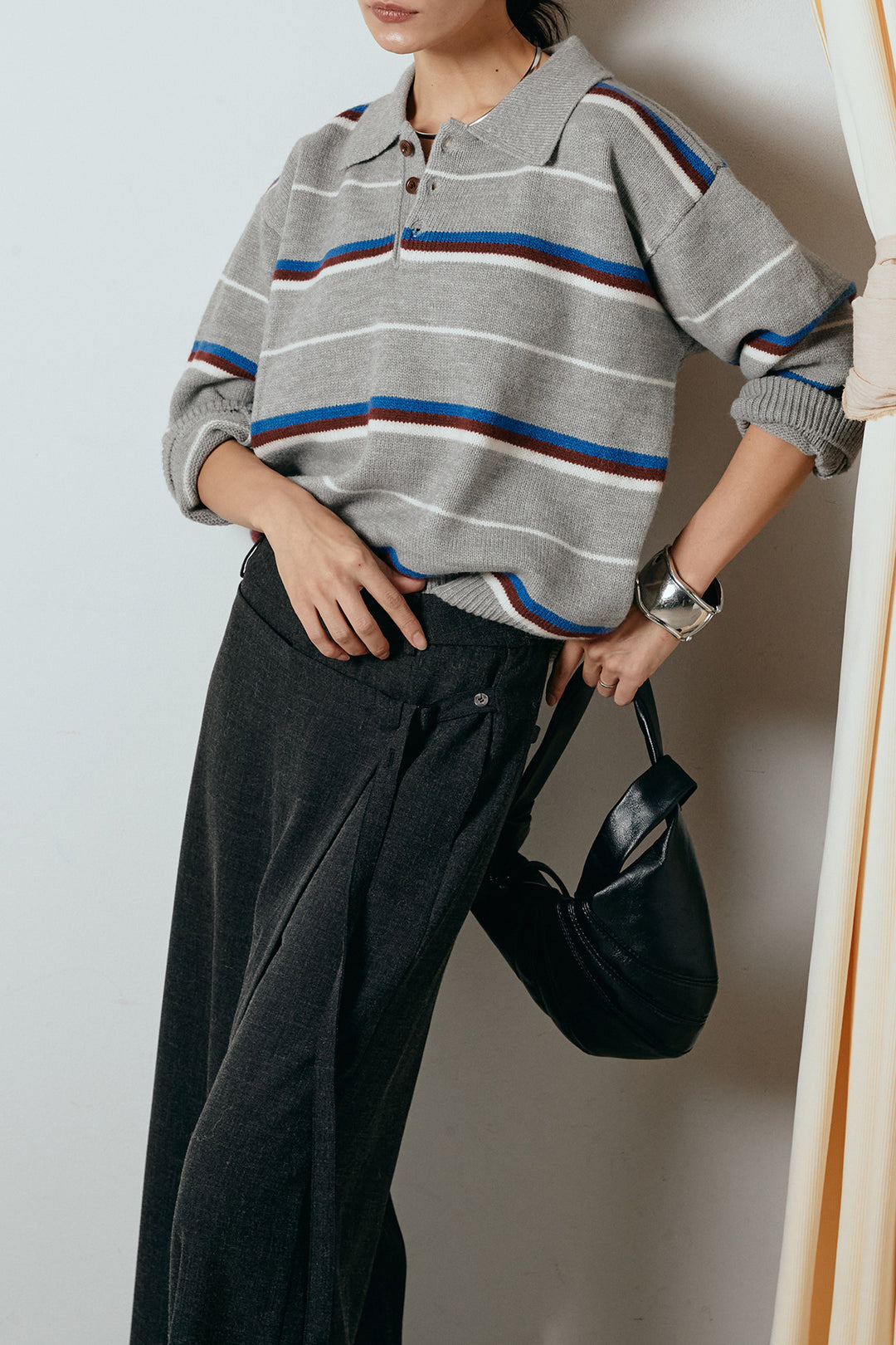 [SET]襟付きマルチボーダーニットポロトップス+ラップ巻きワイドスラックス(2set)