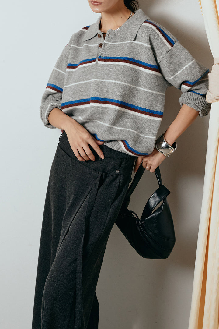 [SET]襟付きマルチボーダーニットポロトップス+ラップ巻きワイドスラックス(2set)