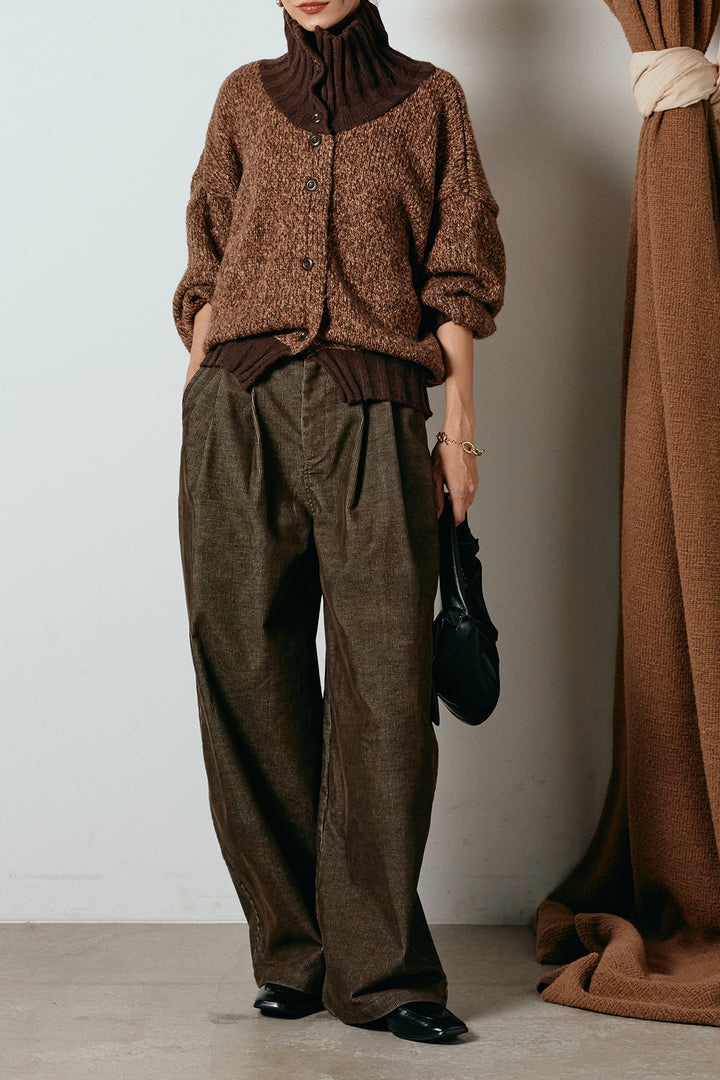[SET]ハイネックミックスニットカーディガン+フロントタック入りコーデュロイパンツ(2set)
