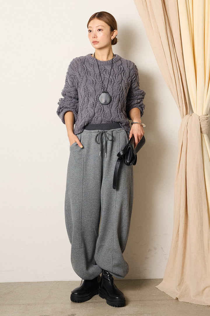 [SET]ケーブルリラックスショートニット+スウェットワイドカーブパンツ(2set)