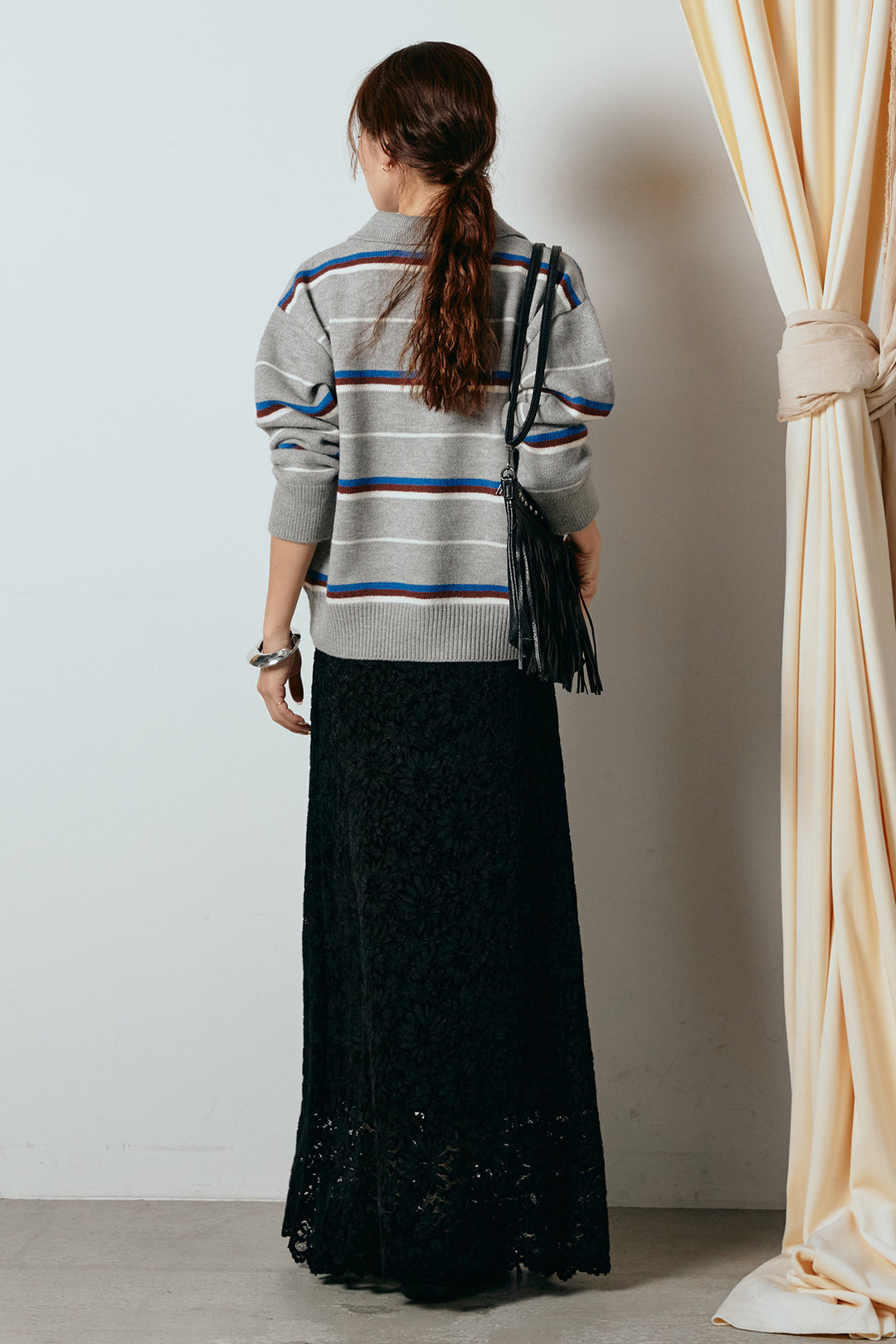 [SET]襟付きマルチボーダーニットポロトップス+花柄刺繍ベロアフレアスカート(2set)