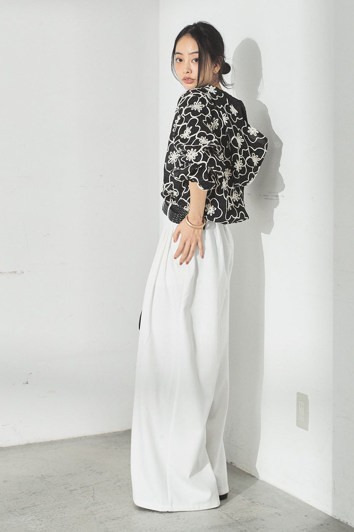 [SET]シアーフラワーフードブルゾン+編みベルト付きウエストタックワイドパンツ(2set)