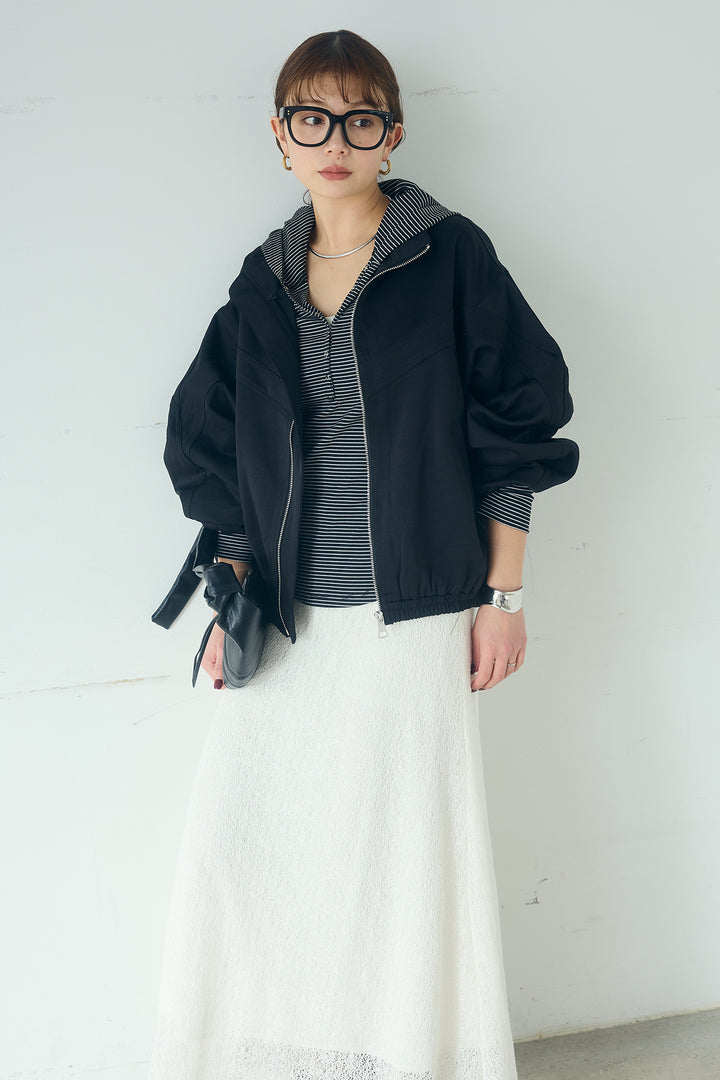 [SET]マルチ切り替えドルマンブルゾン+メッシュ刺繍ロングスカート+ボーダーフーディーロンT(3set)