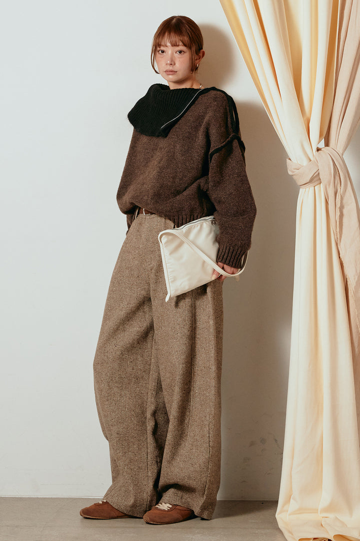 [SET]ハイネックジップデザインニットトップス+ベルト付きネップツイードカーブパンツ(2set)
