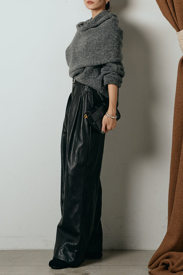 [SET]ネック巻きデザインニットトップス+ベルト付きレザーライクタックパンツ(2set)