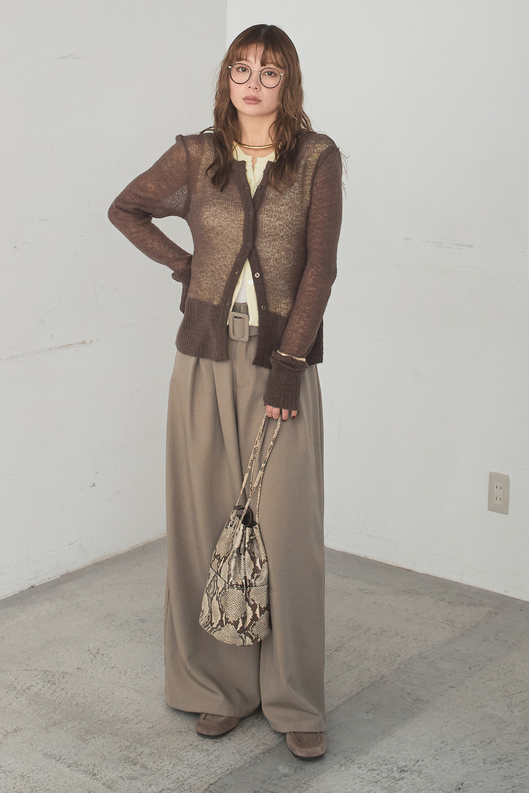 [SET]モヘア透かし編みレイヤードアンサンブルセット+ベルト付きツータックワイドパンツ(2set)