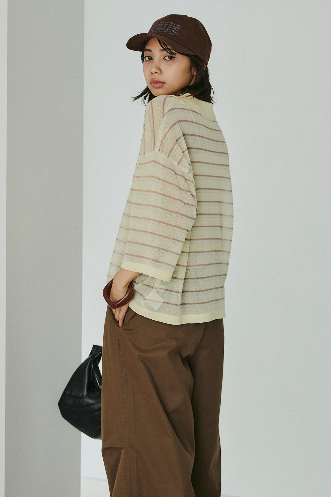 [SET]ボーダーニットポロシャツ+ニーサイドタックウエストドロスパンツ(2set)