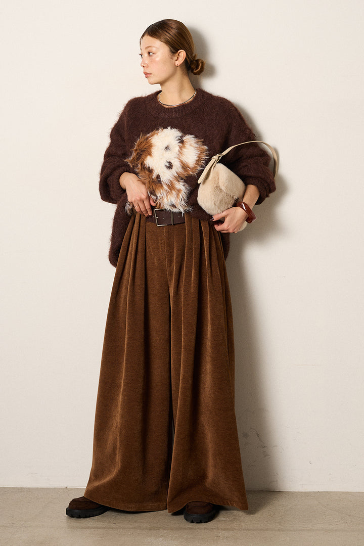 [SET]シャギーニュアンスアニマルニット+ベルトループコーデュロイワイドパンツ(2set)