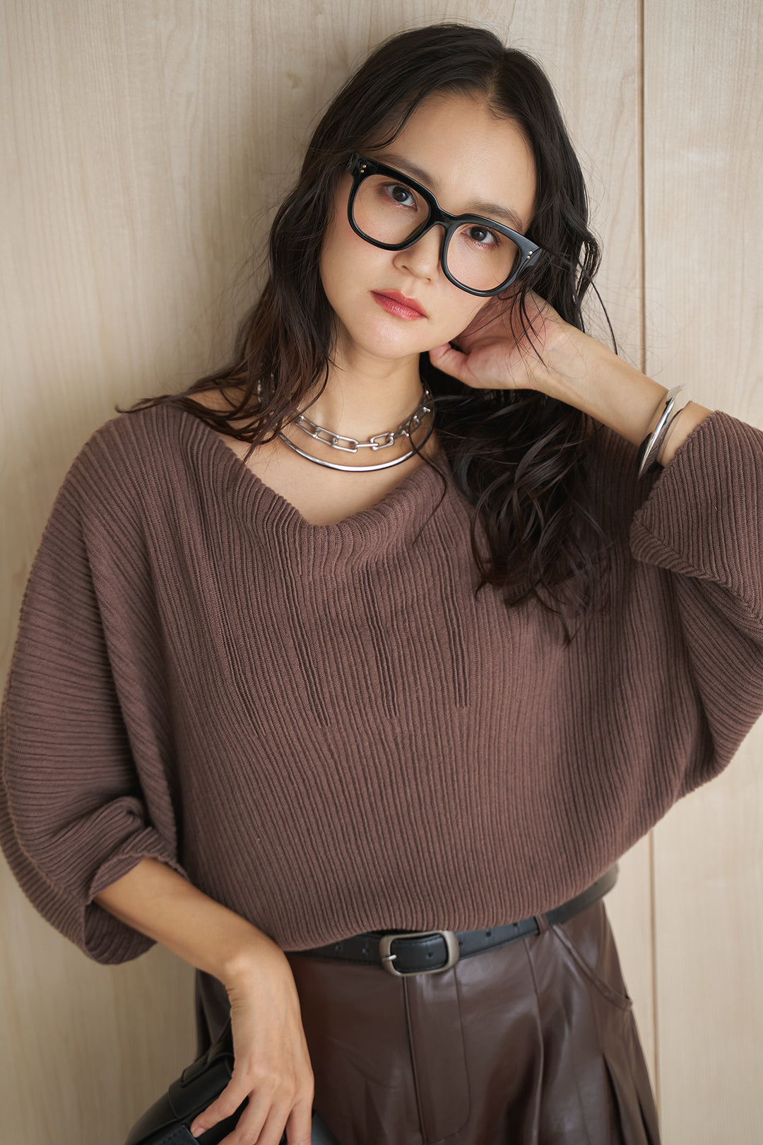 [SET]ドルマンスリーブクロップドリブニット+レザーライクタックワイドパンツ(2set)