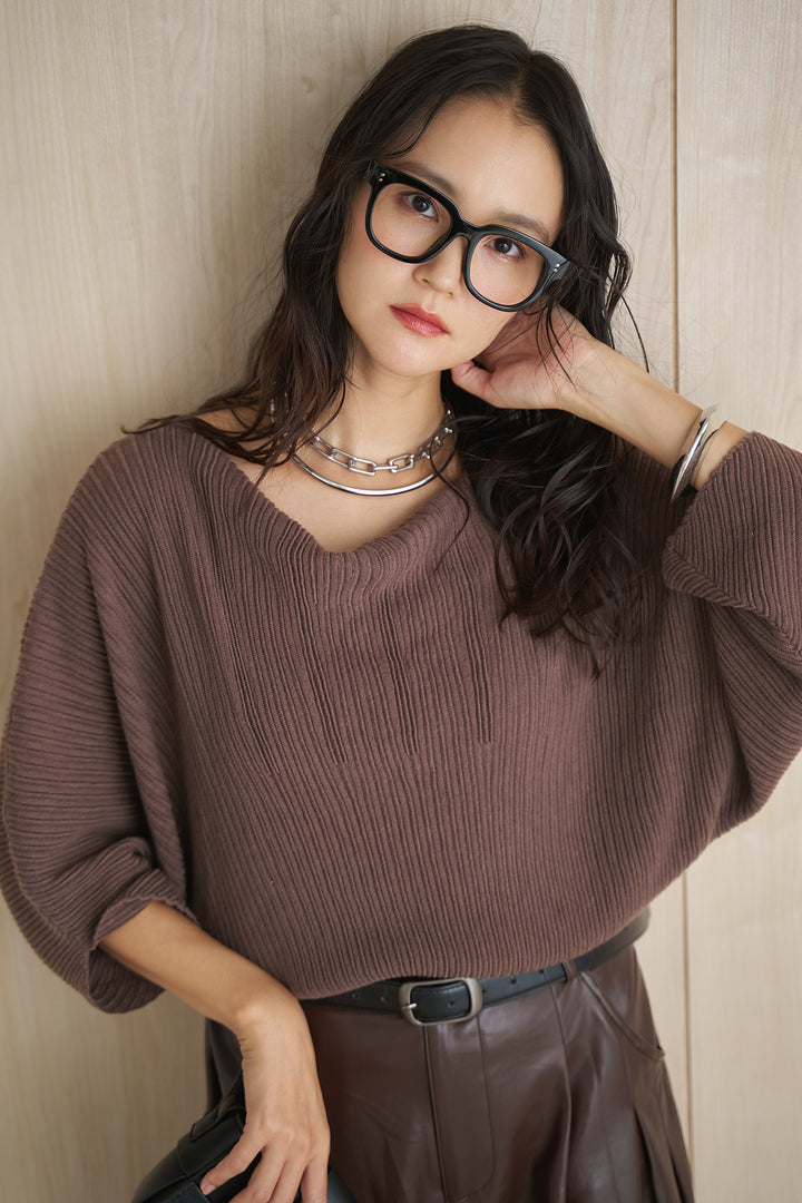 [SET]ドルマンスリーブクロップドリブニット+レザーライクタックワイドパンツ(2set)