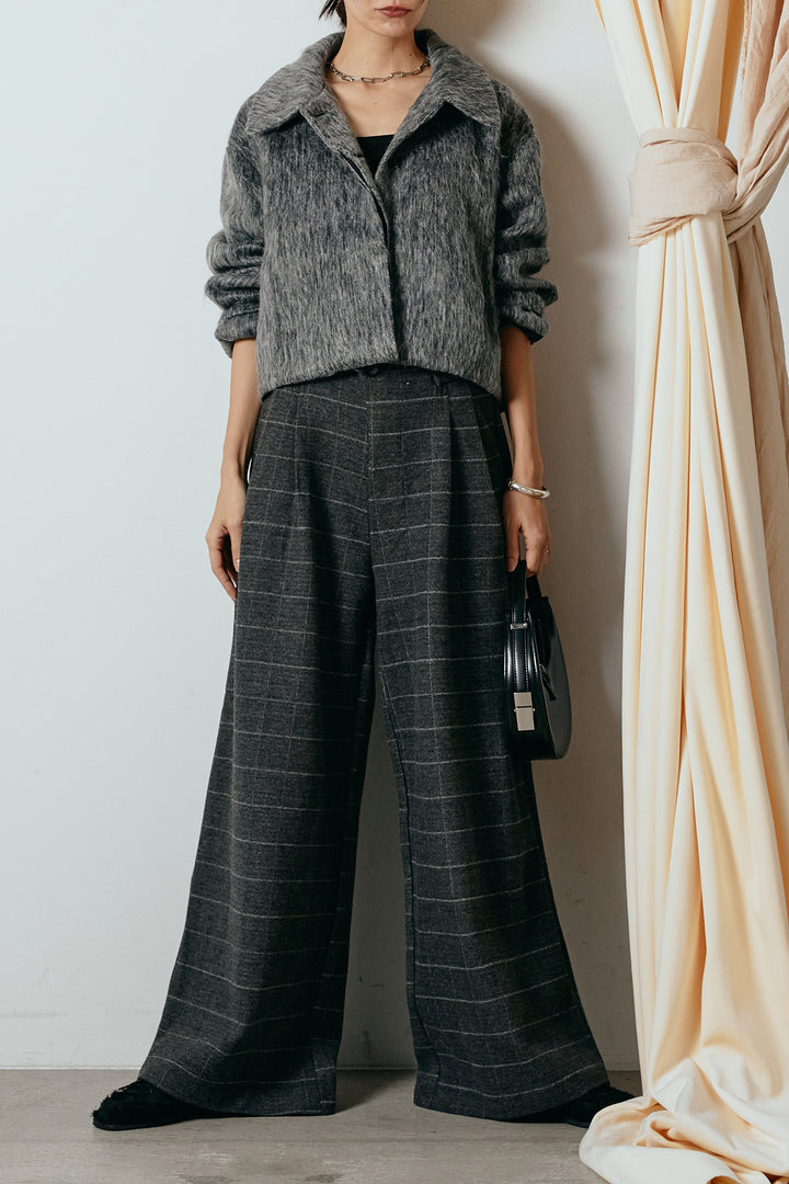 [SET]シャギーショートジャケット+スクエアチェック柄ワイドパンツ(2set)