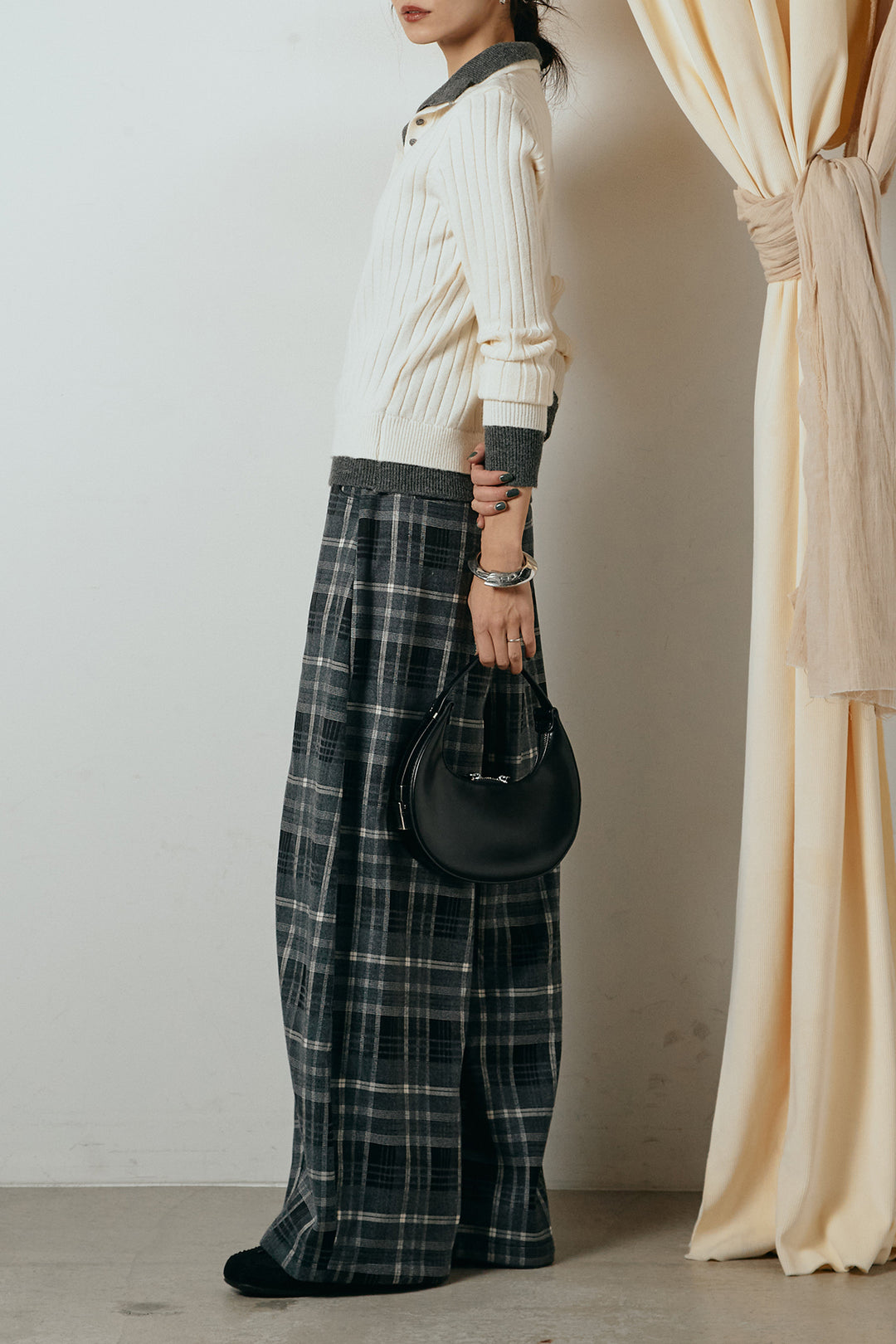 [SET]レイヤード風リブニットトップス+ベルト付きタータンチェックカーブワイドパンツ(2set)