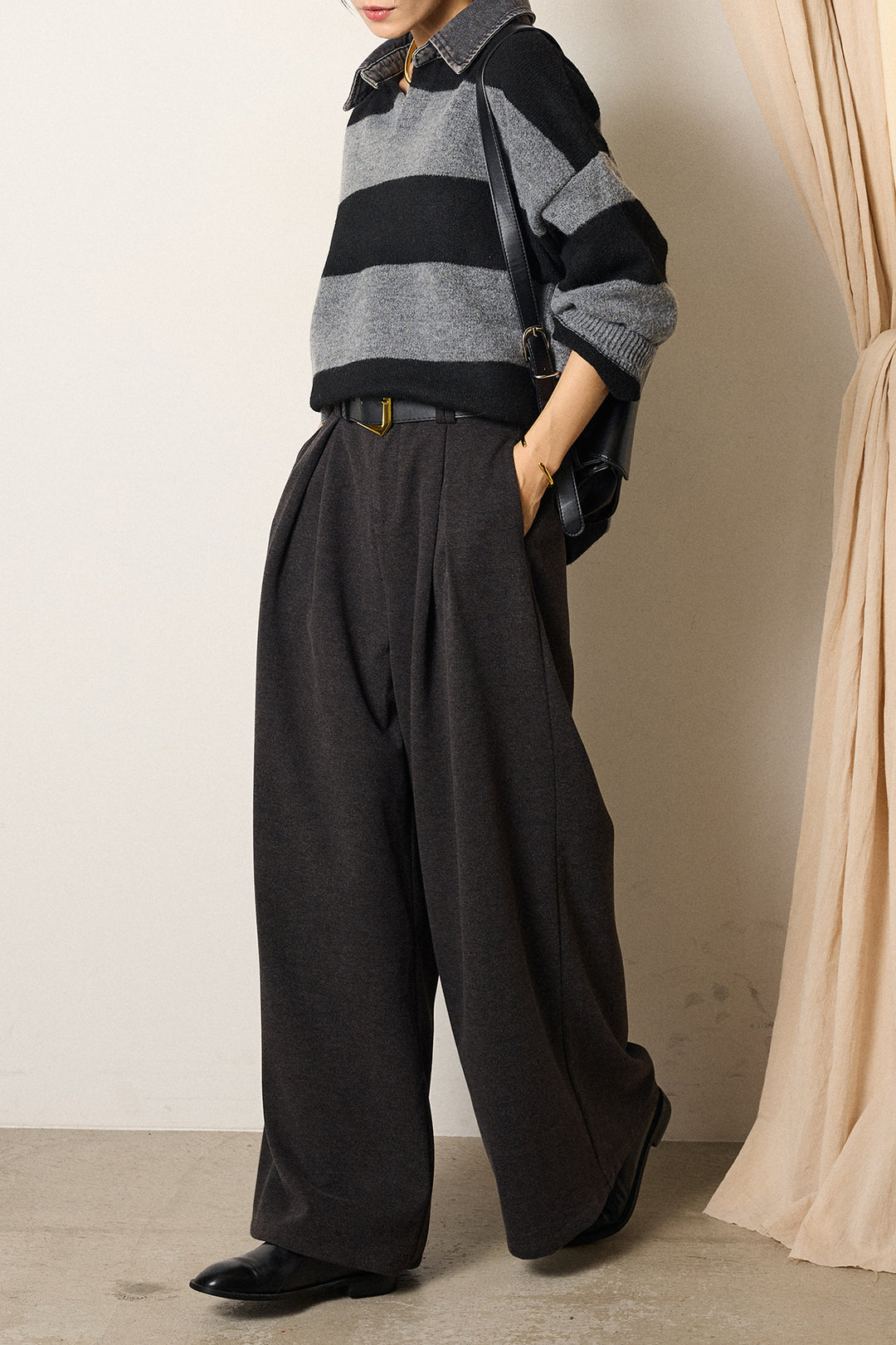 [SET]デニムカラーボーダールーズニット+ゴールドバックル太ベルト付きワイドパンツ(2set)