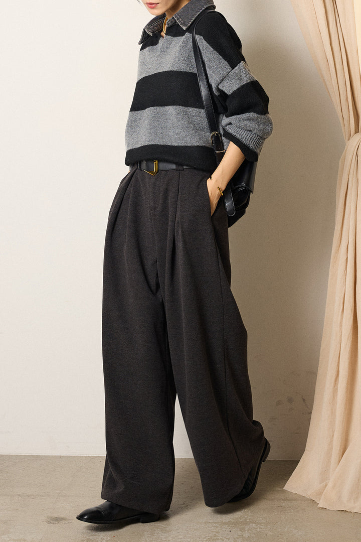 [SET]デニムカラーボーダールーズニット+ゴールドバックル太ベルト付きワイドパンツ(2set)
