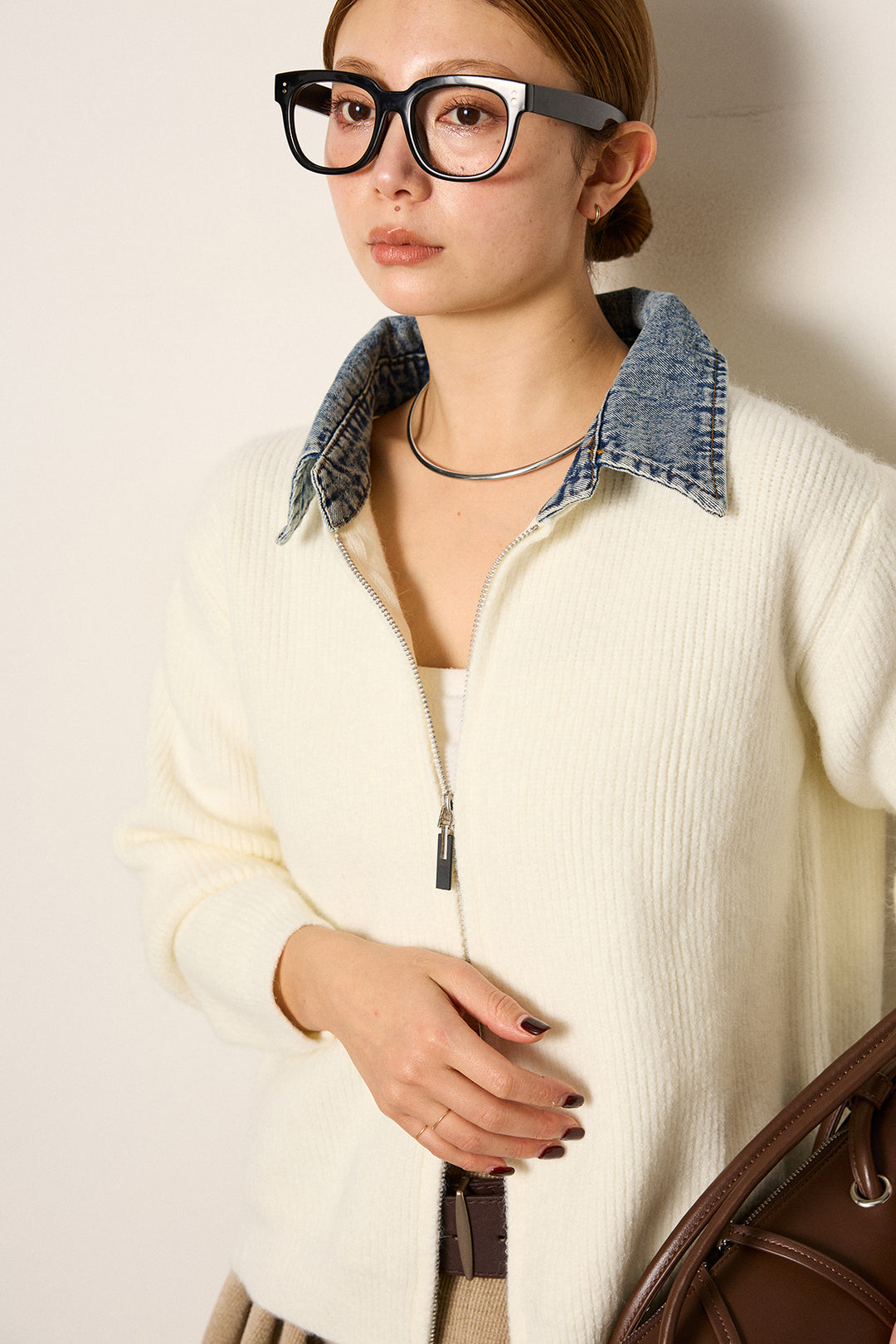 [SET]デニム襟ダブルジップニットトップス+ベルトループコーデュロイワイドパンツ(2set)