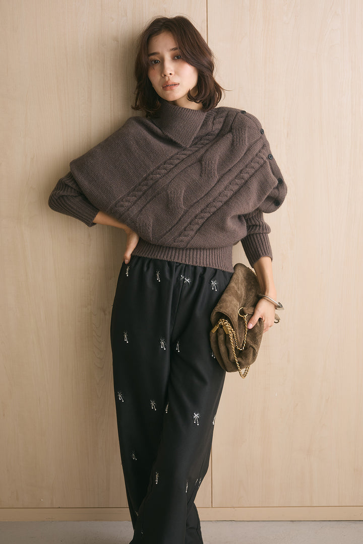 [SET]アシメカラーボタンケーブルニット+総ビーズ刺繍パンツ(2set)