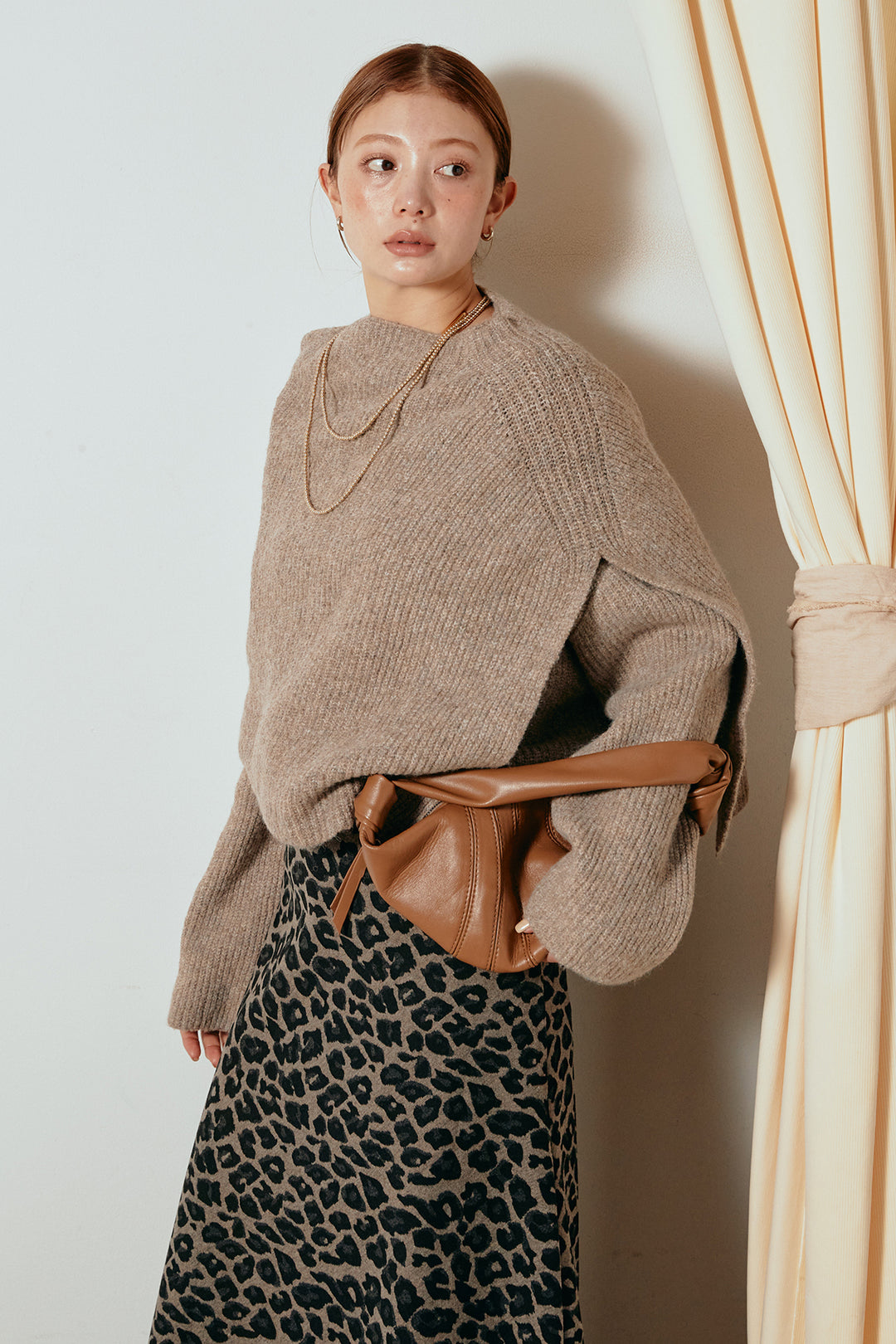 [SET]ケープデザインリブニットトップス+レオパードロングスカート(2set)