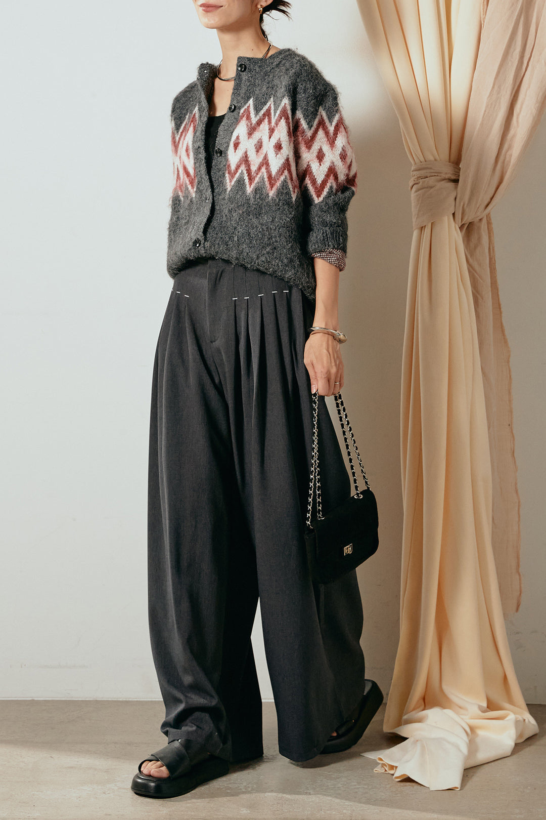 [SET]起毛ノルディック柄ニットカーディガン+ウエストステッチデザインワイドスラックス(2set)